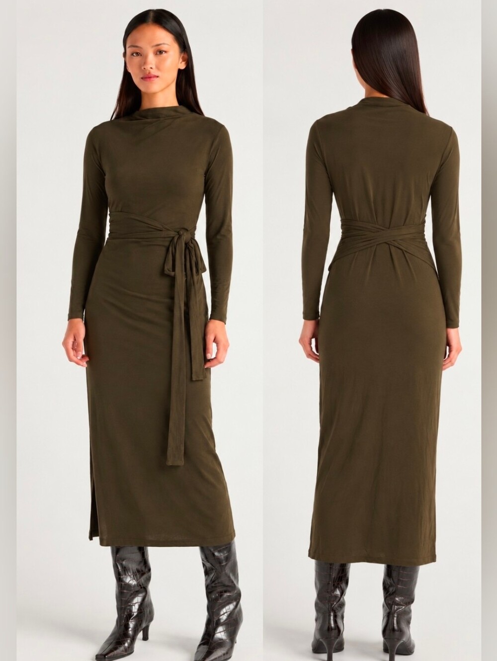 MODERN CITIZEN Olive Green Vero Jersey Tie Waist Long Sleeve Midi Dress